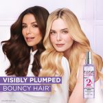 L'Oréal Elvive Hydra Hyaluronic Serum for visibly plumped, bouncy hair with two women showcasing results