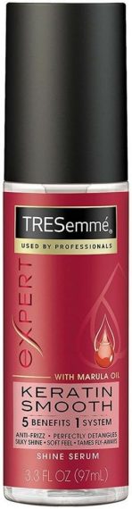 TRESemmé Keratin Smooth Shine Serum with Marula Oil, 97ml bottle, offers anti-frizz and silky shine benefits