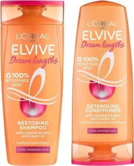 L'Oreal Elvive Dream Lengths restoring shampoo and detangling conditioner for long damaged hair in recycled bottles