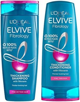 L'Oreal Elvive Fibrology thickening shampoo and conditioner for fine or thin hair, 100% recycled plastic bottle