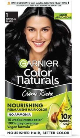 Garnier Colour Naturals Crème Riche hair colour in natural black, nourishing with no ammonia and 10x natural oils