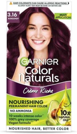 Garnier Color Naturals Creme Riche 3.16 Burgundy hair dye box, nourishing permanent colour with no ammonia