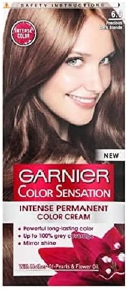 Garnier Color Sensation hair dye box in Precious Dark Blonde for intense, long-lasting colour with grey coverage and shine