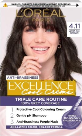 L'Oreal Excellence Cool Creme hair colour box, ultra ash brown, anti-brassiness, triple care routine features