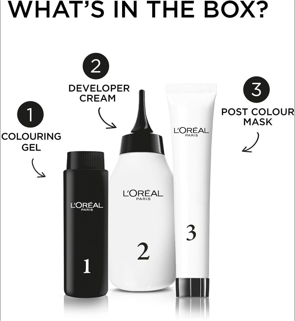 L'Oréal Paris hair colour kit with colouring gel, developer cream, and post colour mask