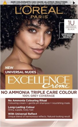 L'Oreal Excellence Creme hair colour, no ammonia, 100% grey coverage, universal black shade, for natural-looking results