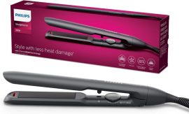Philips hair straightener with ThermoShield technology for less heat damage, shown with sleek packaging design