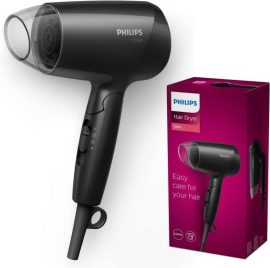 Black Philips hair dryer 1200W with packaging, showcased at an angle, highlighting product design and features