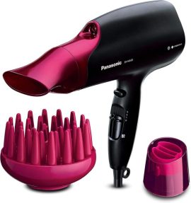 Panasonic hair dryer with styling attachments in black and pink, featuring adjustable settings and ergonomic design
