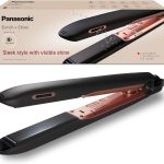 Panasonic hair straightener with nanoe technology, sleek design, and packaging highlighting visible shine and Japanese tech