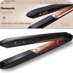 Panasonic hair straightener with nanoe technology, sleek design, and packaging highlighting visible shine and Japanese tech