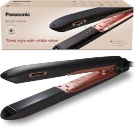 Panasonic hair straightener with nanoe technology, sleek design, and packaging highlighting visible shine and Japanese tech