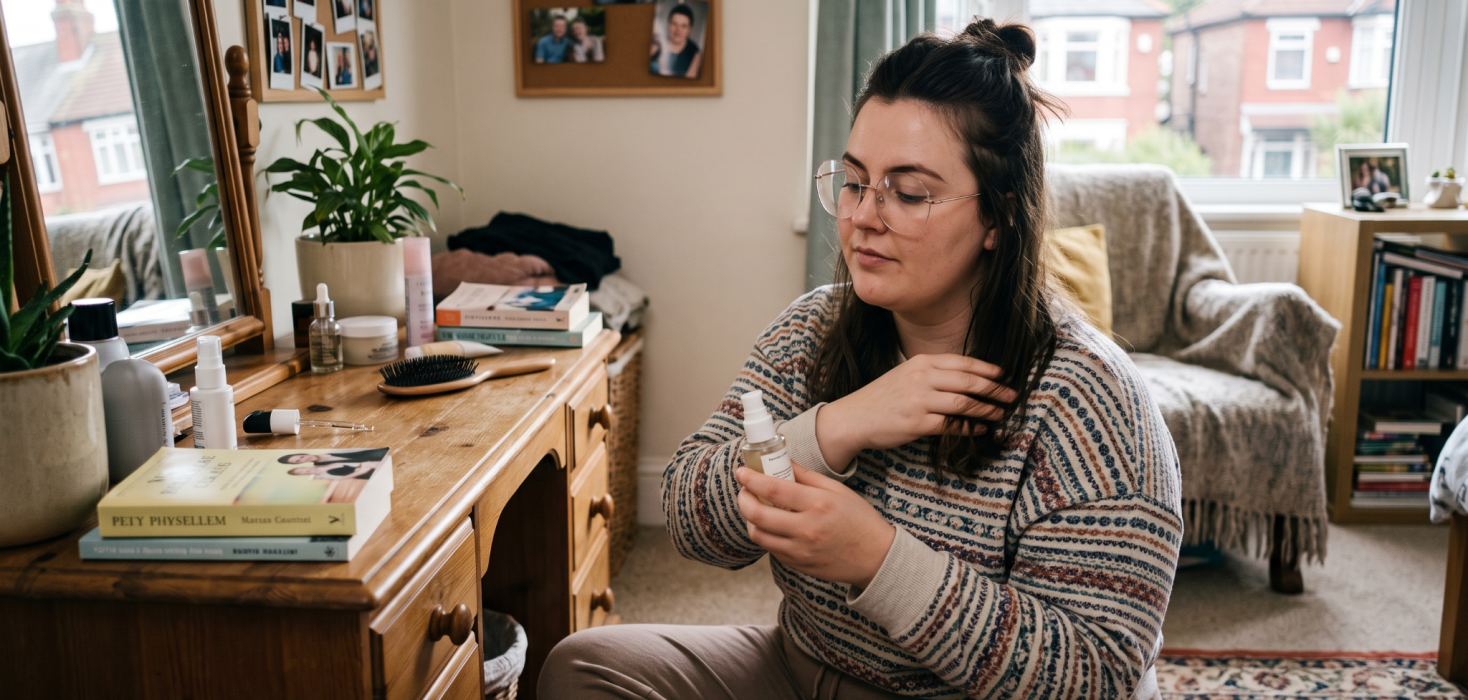 Woman applying hair serum