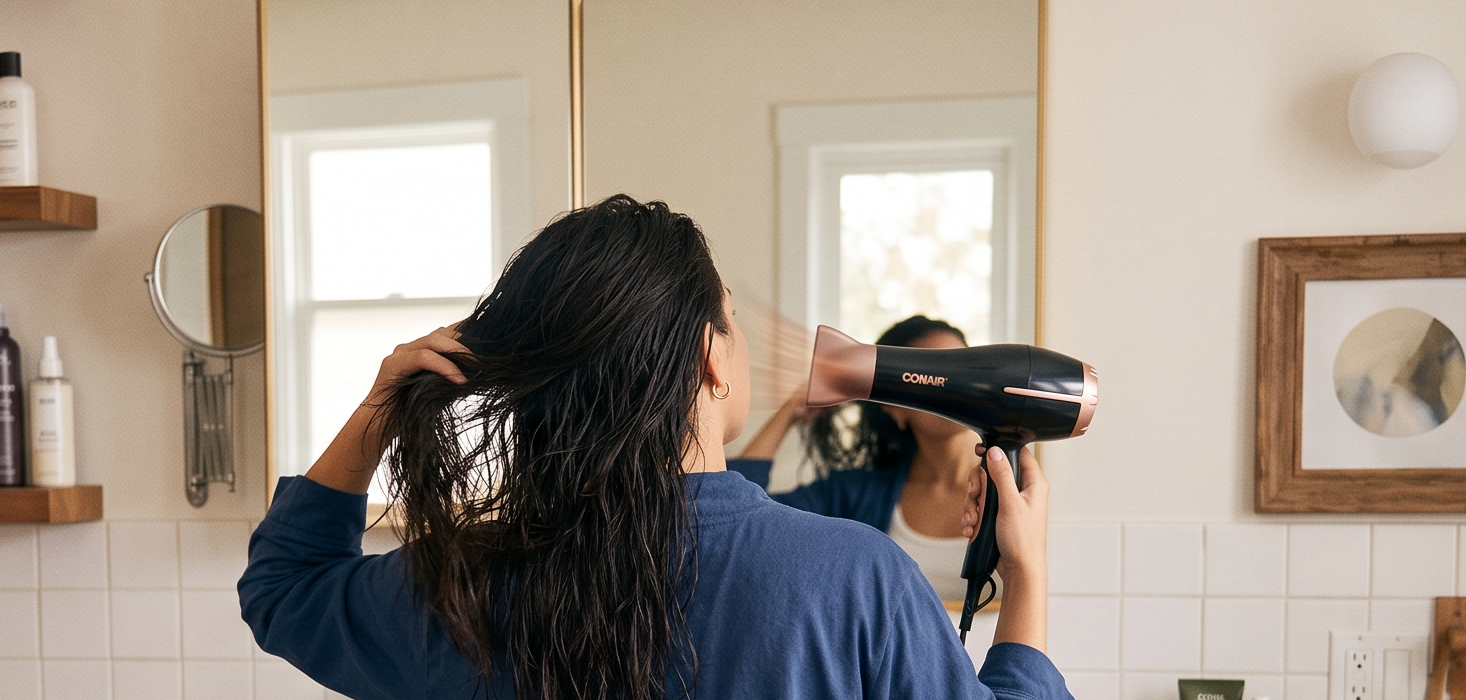 Person drying wet hair with a hairdryer