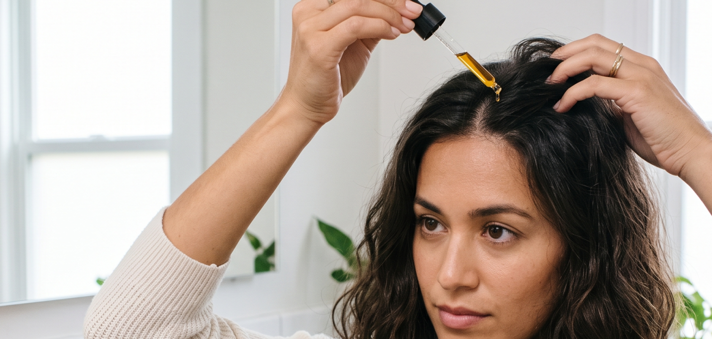 Woman applying hair serum with a dropper