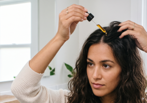 Woman applying hair serum with a dropper