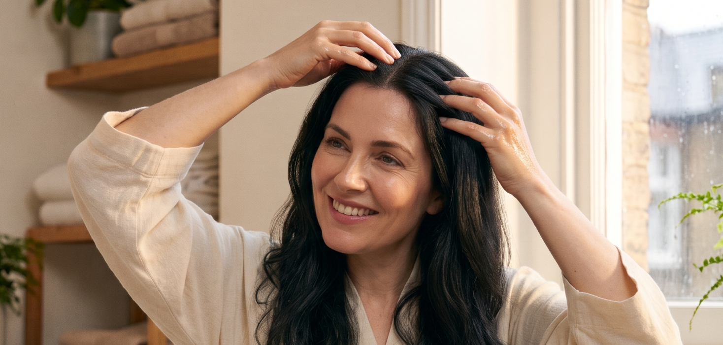 Woman smiling and massaging oil into her scalp in a cosy room with natural light and plants
