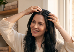 Woman smiling and massaging oil into her scalp in a cosy room with natural light and plants