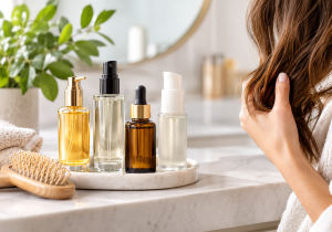 Hair care products on marble tray with hand holding brown hair, near wooden brush and green plant in chic bathroom setting
