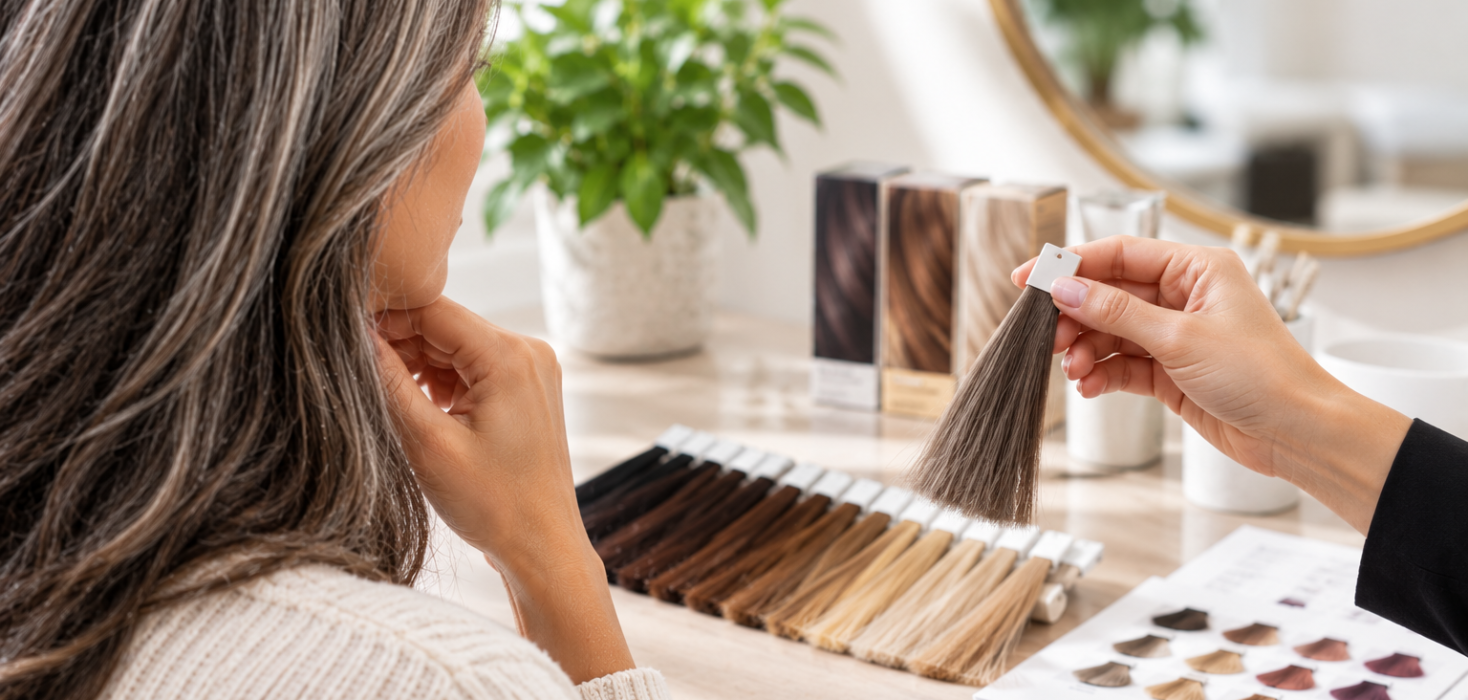 Person choosing hair colour samples in salon, holding brown shade, with various colour swatches on the table