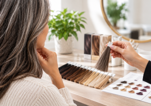 Person choosing hair colour samples in salon, holding brown shade, with various colour swatches on the table