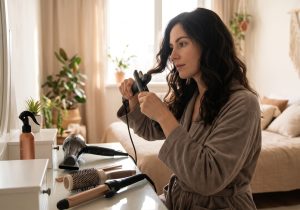 Woman in robe styling her hair with curling iron in a cosy bedroom setting with beauty products on the dresser