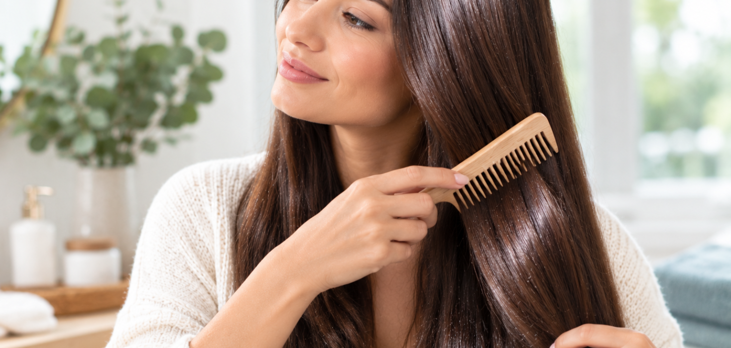 Woman with long brown hair using a wooden comb in a light-filled room for hair care and maintenance