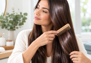 Woman with long brown hair using a wooden comb in a light-filled room for hair care and maintenance